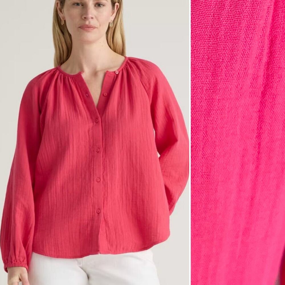 NWT Quince Organic Cotton Gauze Peasant Blouse Pink XL Boho Button Top